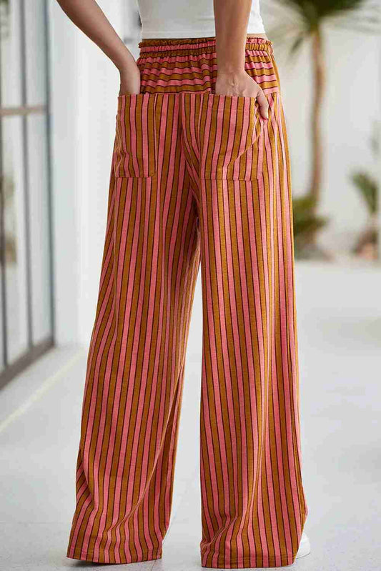 Pantalon Large Rayé Rouge Taille Élastique Poches Femme Oléna-Fashion