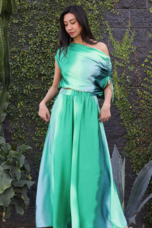 Pantalon satiné vert ample à dégradé, taille élastique, jambes larges