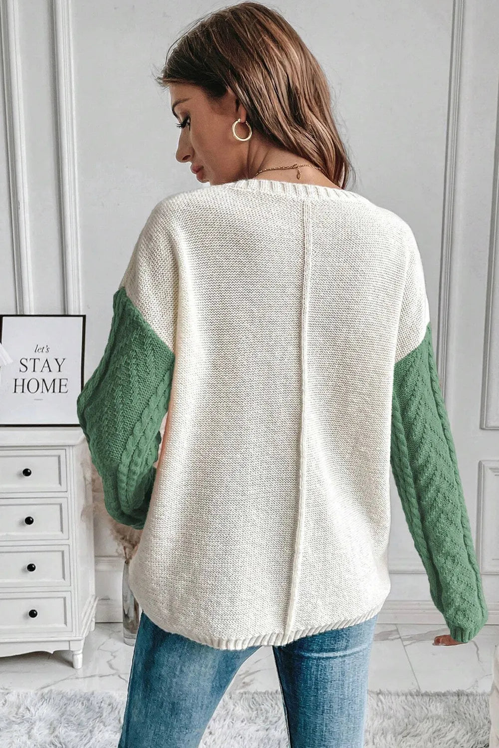 Pull femme à blocs de couleurs, torsades et épaules tombantes – vue 6