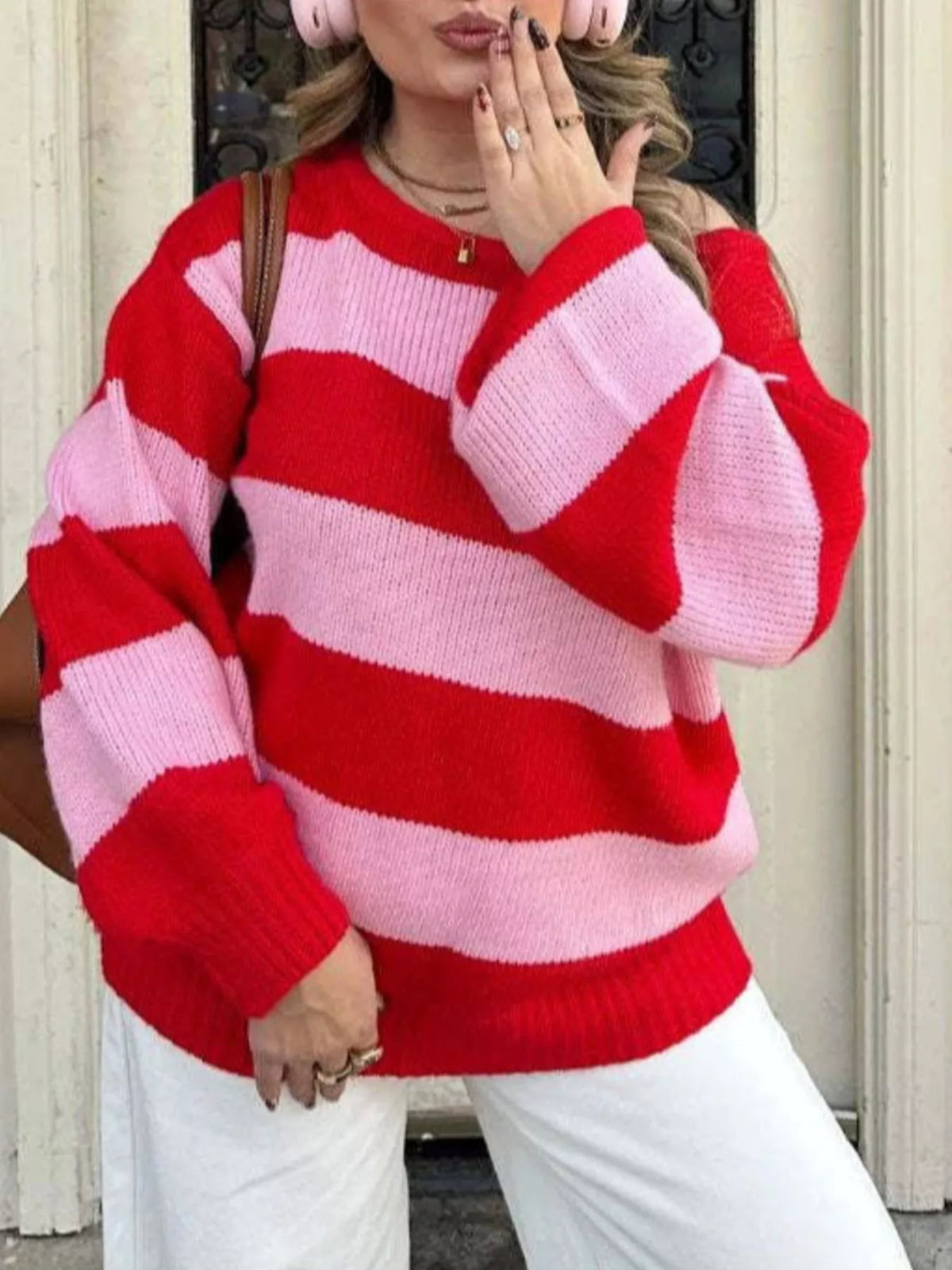 Pull femme rayé ample à épaules tombantes rouge – vue 5