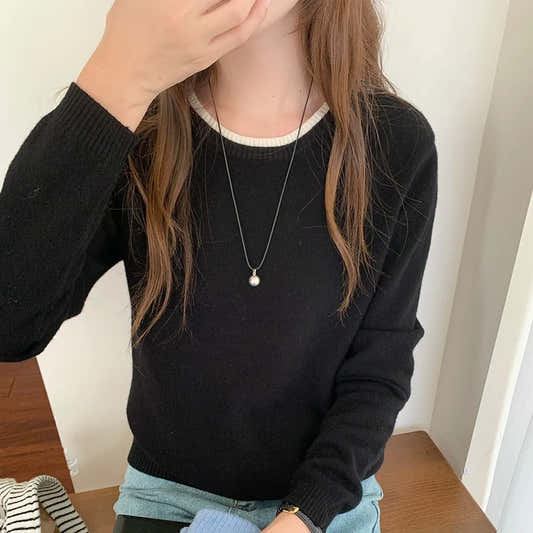 Pull en laine femme à col rond, motif patchwork bicolore – vue 2