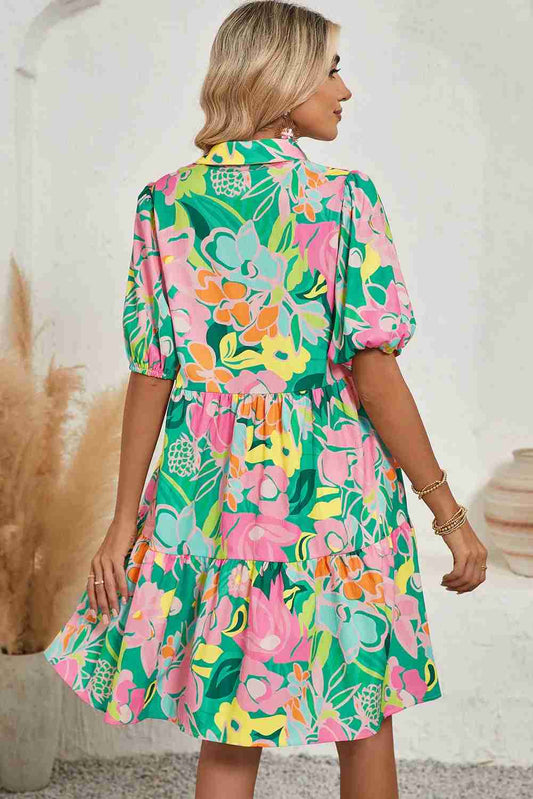 Robe Babydoll Verte Imprimé Floral Manches Bouffantes Boutonnage Femme Oléna-Fashion