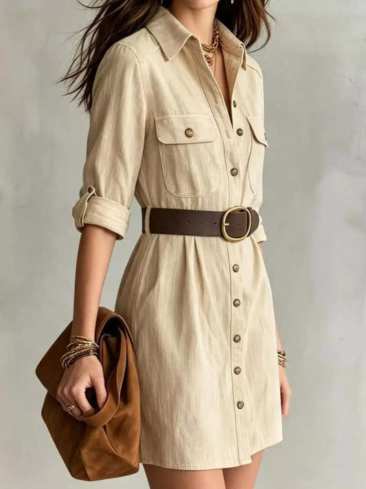 Robe chemise beige à boutons devant et manches longues pour femme – vue 2