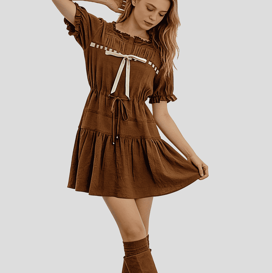 Robe col carré marron à nœud en velours et dentelle pour femme – vue 2