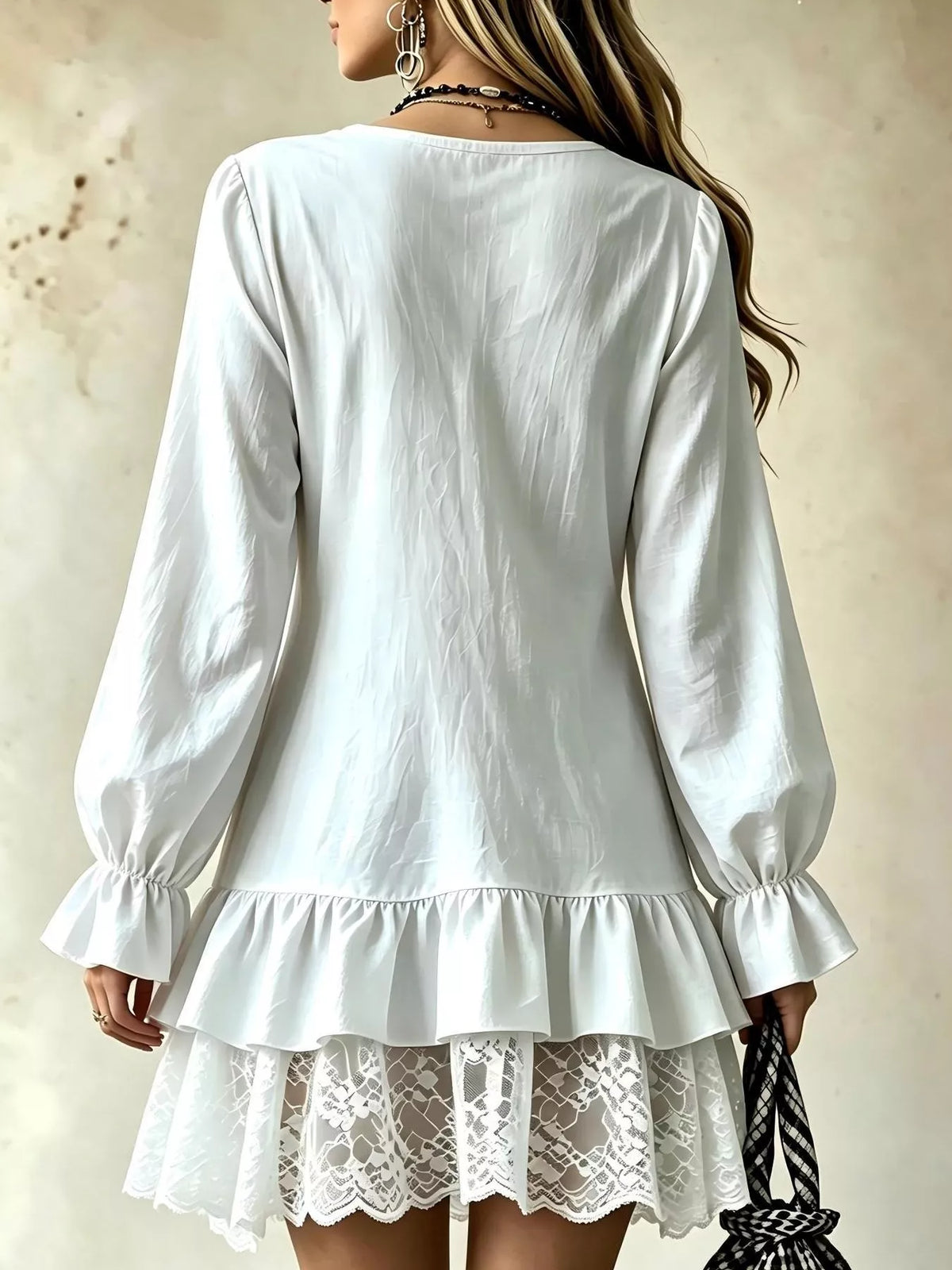 Robe à col V, volant et dentelle, manches longues pour femme – vue 13