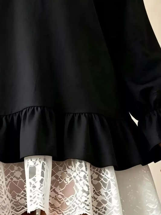 Robe à col V, volant et dentelle, manches longues pour femme – vue 2