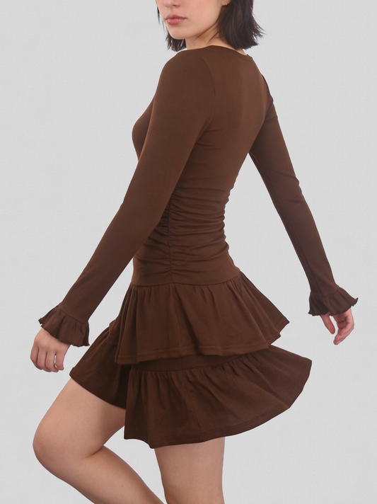 Robe courte rétro marron à col V et volants superposés pour femme – vue 2