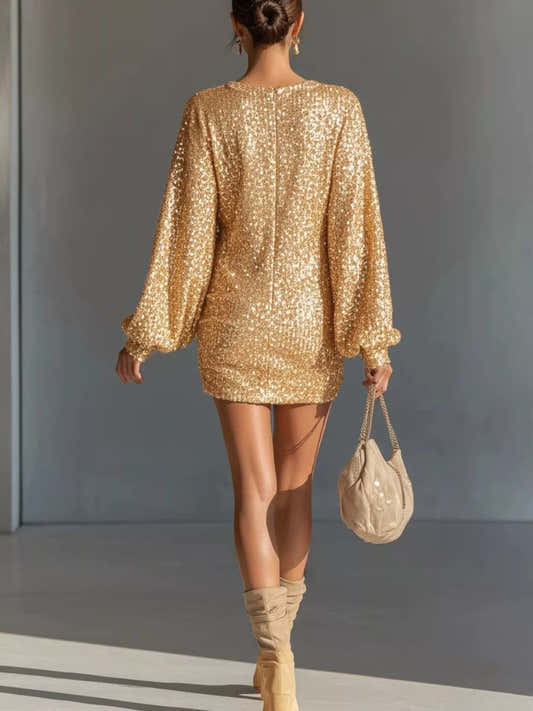 Robe courte à sequins, manches longues et coupe froncée pour femme – vue 2
