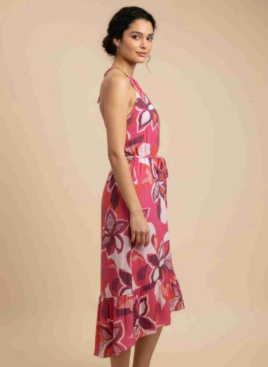 Robe Florale Col Chemisier Manches Bouffantes Boutonnage Femme – Rose Oléna-Fashion