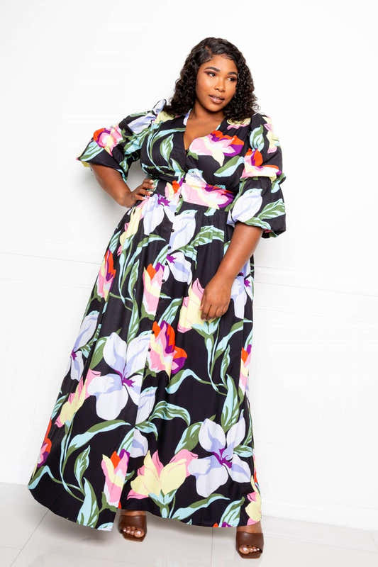 Robe grande taille à manches bouffantes et devant boutonné – vue 2