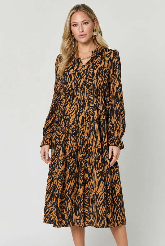 Robe grande taille à volants et manches longues caramel pour femme – vue 2