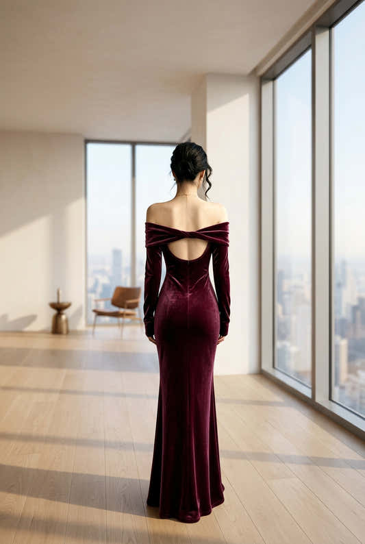 Robe longue sirène en velours à épaules dénudées pour femme – vue 2