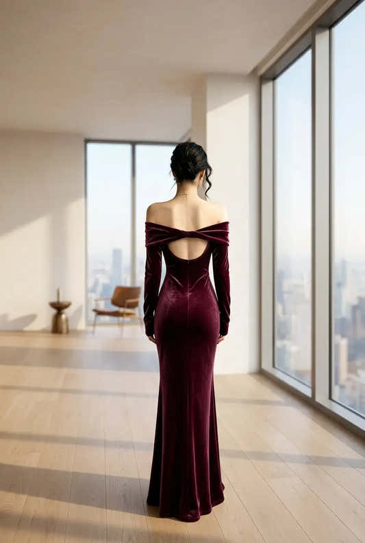 Robe longue sirène en velours à épaules dénudées pour femme – vue 2