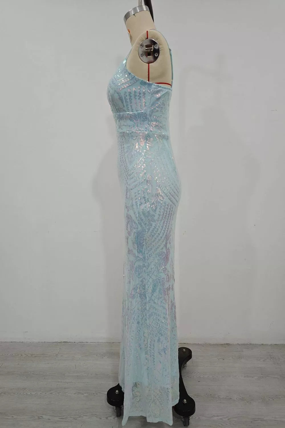 Robe longue de soirée sirène à sequins bleu ciel pour femme – vue 9