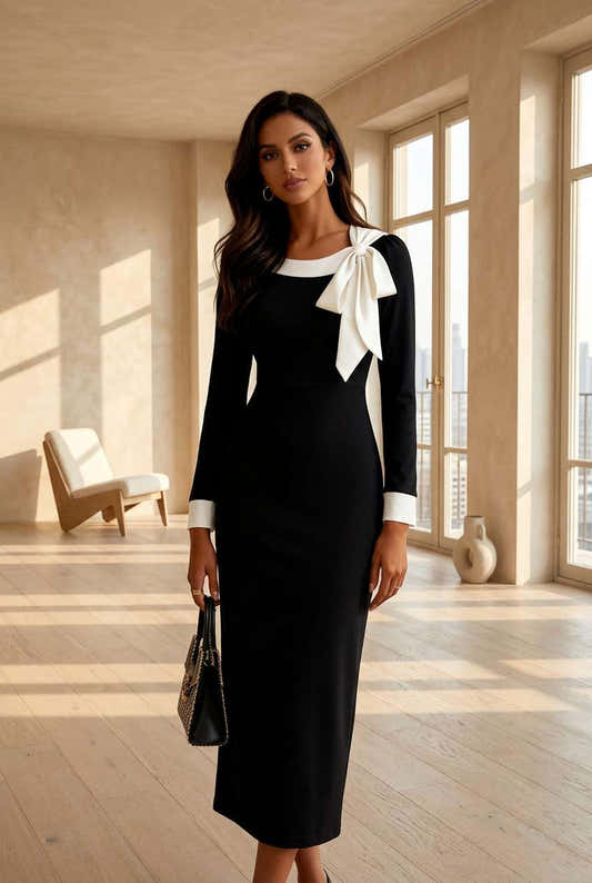 Robe à manches longues avec nœud et bordures contrastées pour femme – vue 2
