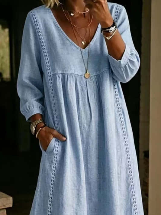 Robe midi en dentelle à manches longues et poches pour femme – vue 2