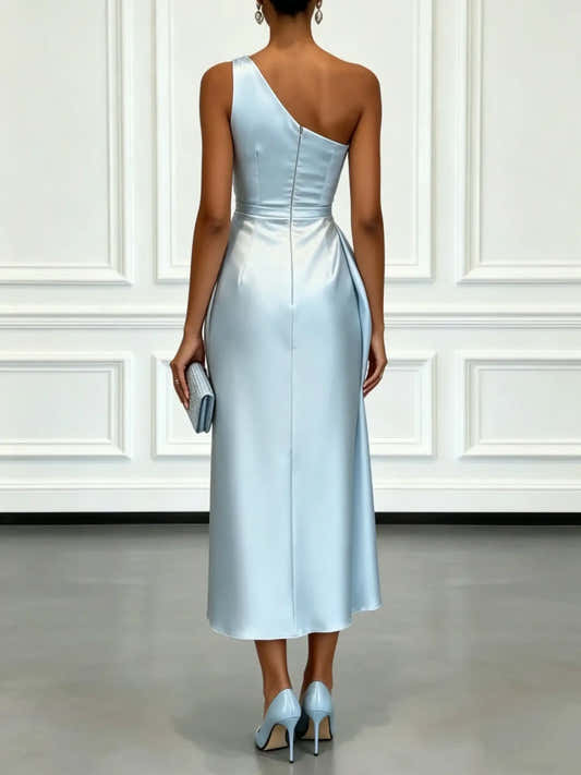 Robe midi satinée plissée une épaule – vue 2