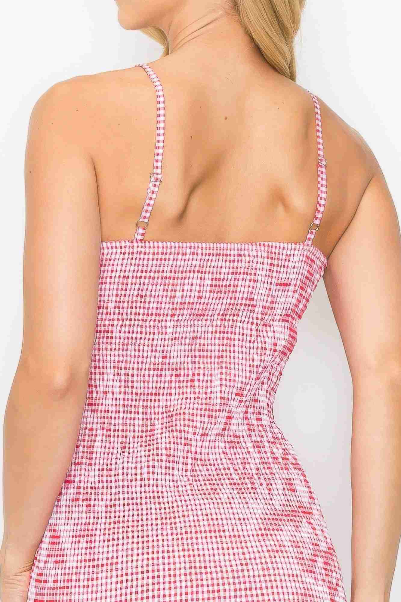 Robe Midi Smockée Nœud Avant Carreaux Rouge by ACG LOS ANGELES