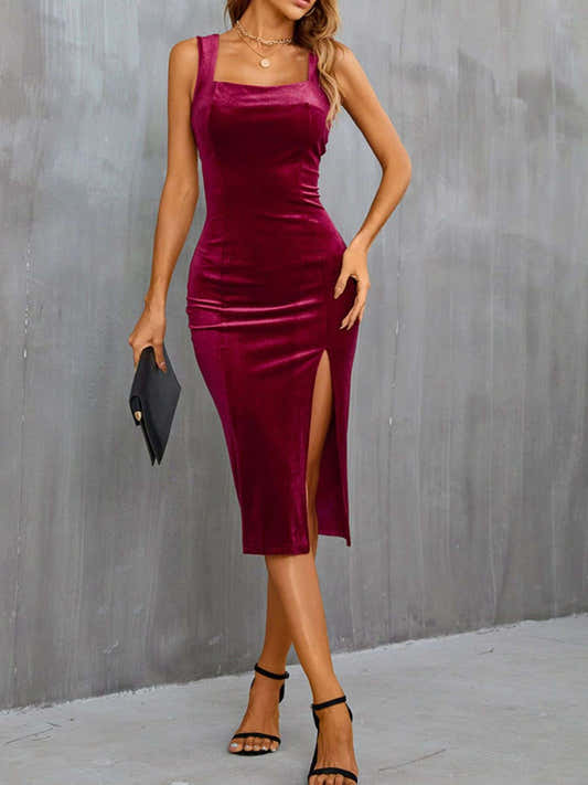 Robe midi en velours à larges bretelles et fente pour femme – vue 2
