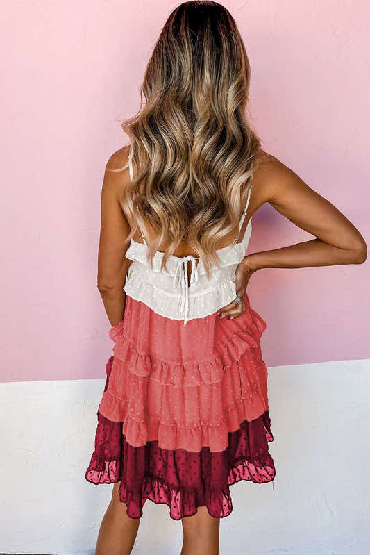 Robe mini à volants à pois suisses rose corail, vue dos, bretelles fines