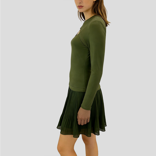 Robe plissée vert militaire à découpe poitrine et manches longues pour femme – vue 2