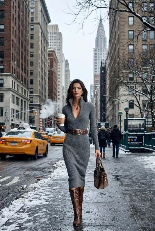 Robe pull côtelée à col V pour femme – vue 2