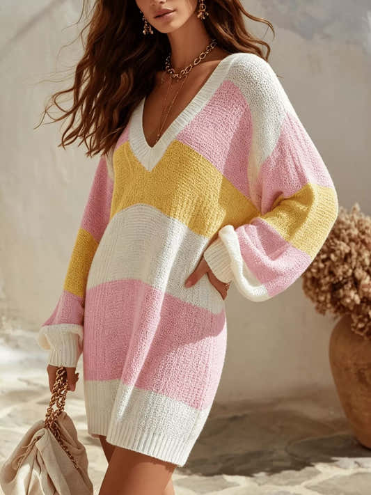 Robe pull femme à col en V colorblock rose – vue 2