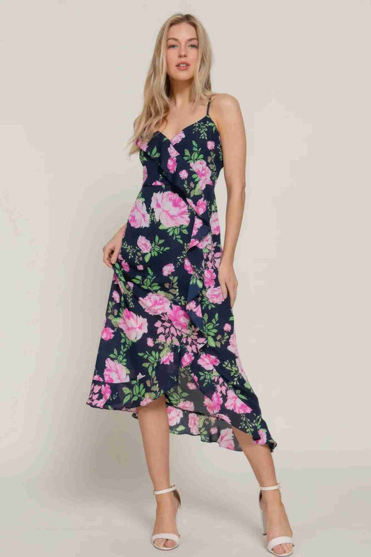 Robe Slip Midi Florale À Volants - Marine/Rose Oléna-Fashion