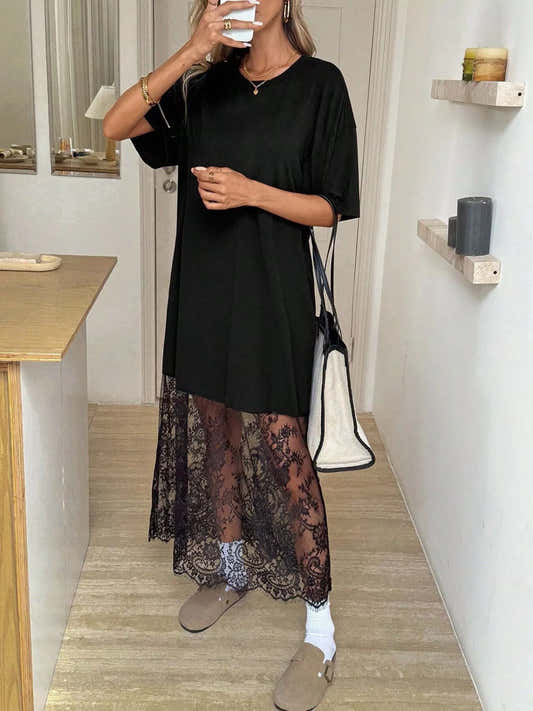 Robe t-shirt longue noire à bord en dentelle florale pour femme – vue 2