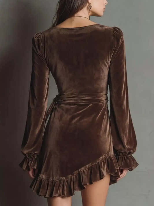 Robe en velours cache-cœur à manches volantées pour femme – vue 2
