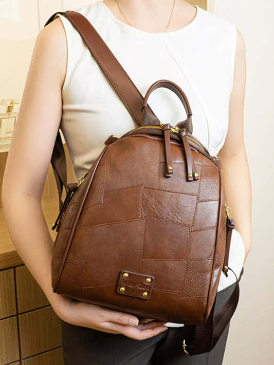 Sac à dos convertible patchwork en faux cuir marron pour femme – vue 2