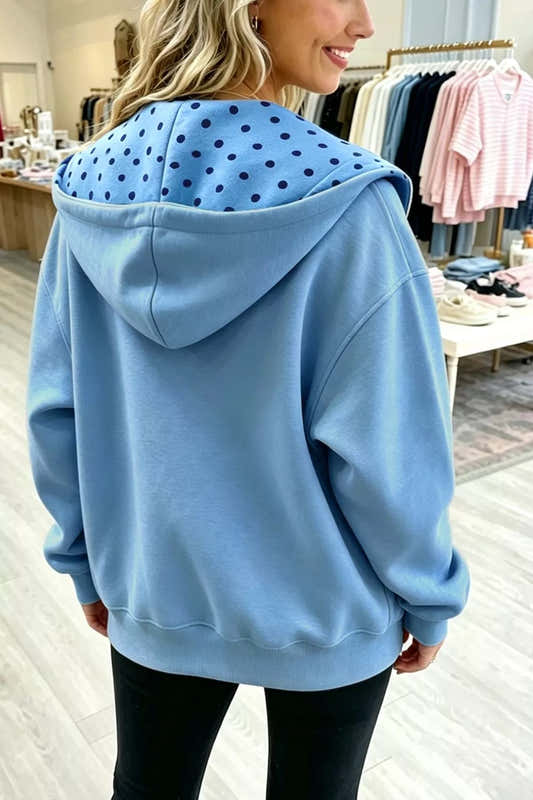 Sweat zippé femme à pois doublé ample bleu clair – vue 2