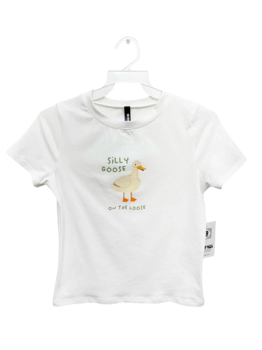 T-shirt graphique femme blanc, col rond, manches courtes, imprimé oie et texte