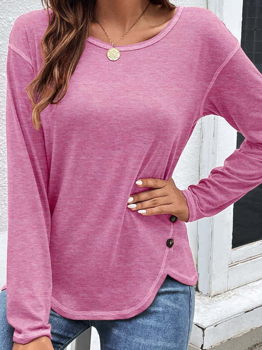 T-shirt manches longues à coutures apparentes et boutons décoratifs pour femme – vue 2
