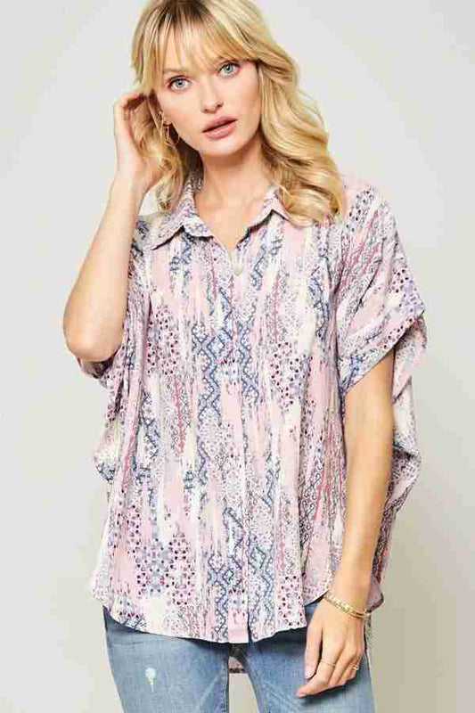 Top Tissé Imprimé Ornementé Manches Dolman Col Boutonné - Rose Blush Oléna-Fashion