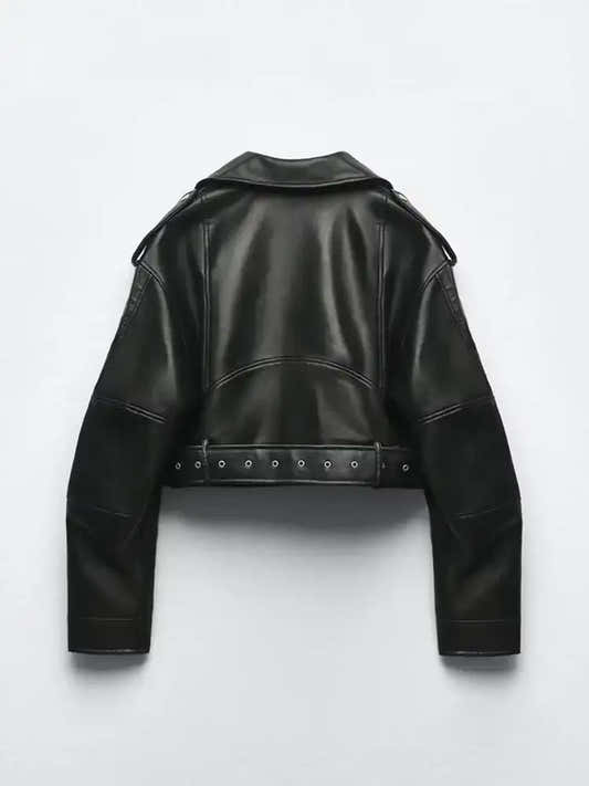 Veste courte femme en faux cuir noir, ceinture à nouer et zip – vue 2