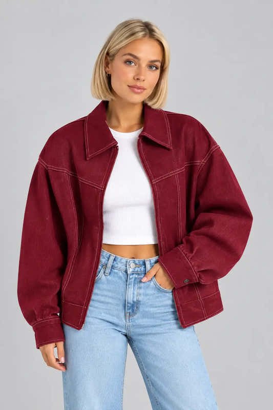 Veste courte matelassée bordeaux femme, col tailleur et fermeture zippée – vue 2