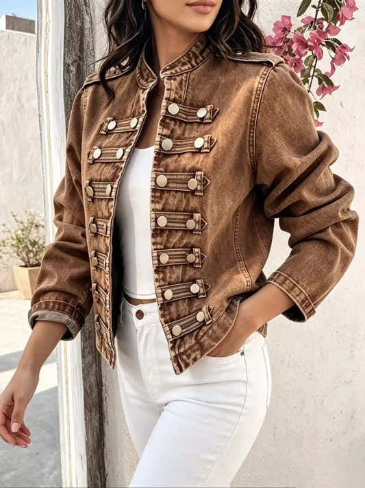Veste en jean vintage ouverte à boutons décoratifs pour femme – vue 2