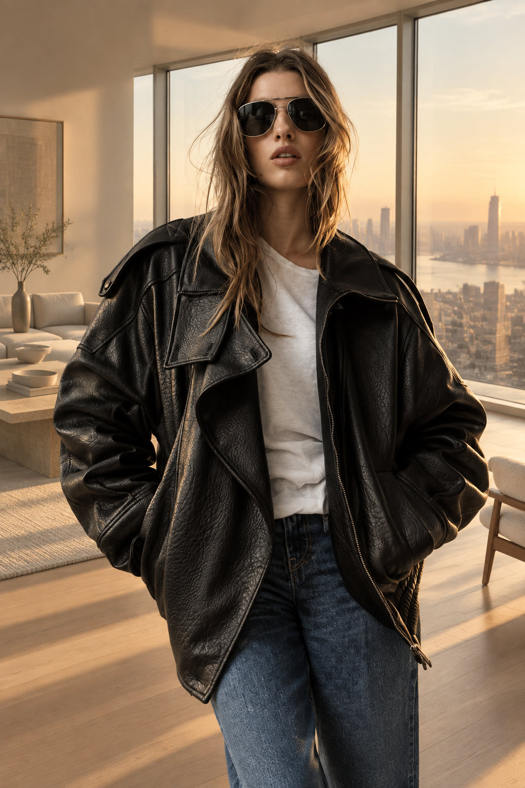 Veste longue femme en faux cuir noir, col montant et coupe ample – vue 6