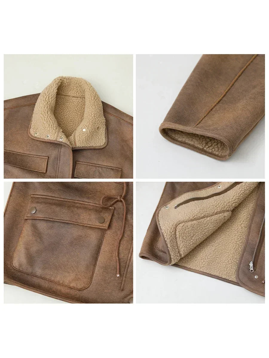 Veste réversible effet daim marron café pour femme – vue 3