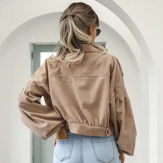 Veste courte en velours côtelé femme, manches lanterne et simple boutonnage – vue 2