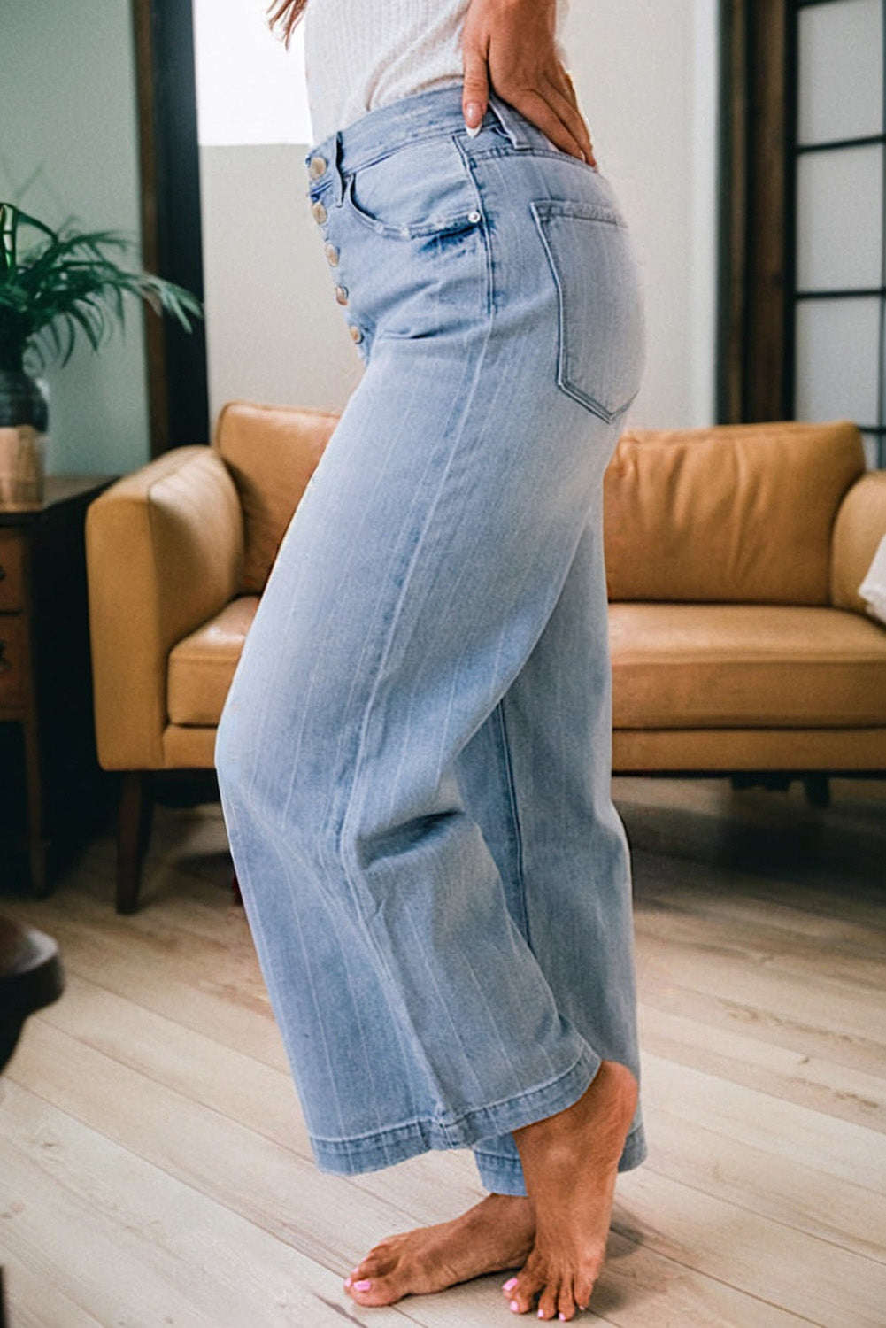 Jean Large Bleu Clair à Rayures Fines et Multi-Boutons