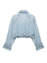 Veste en jean bleu ciel ceinturée, dos avec col et ourlet effiloché, vue arrière