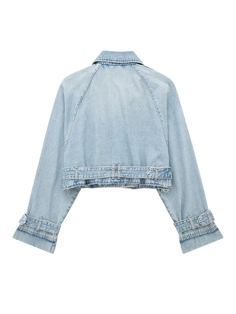 Veste en jean bleu ciel ceinturée, dos avec col et ourlet effiloché, vue arrière