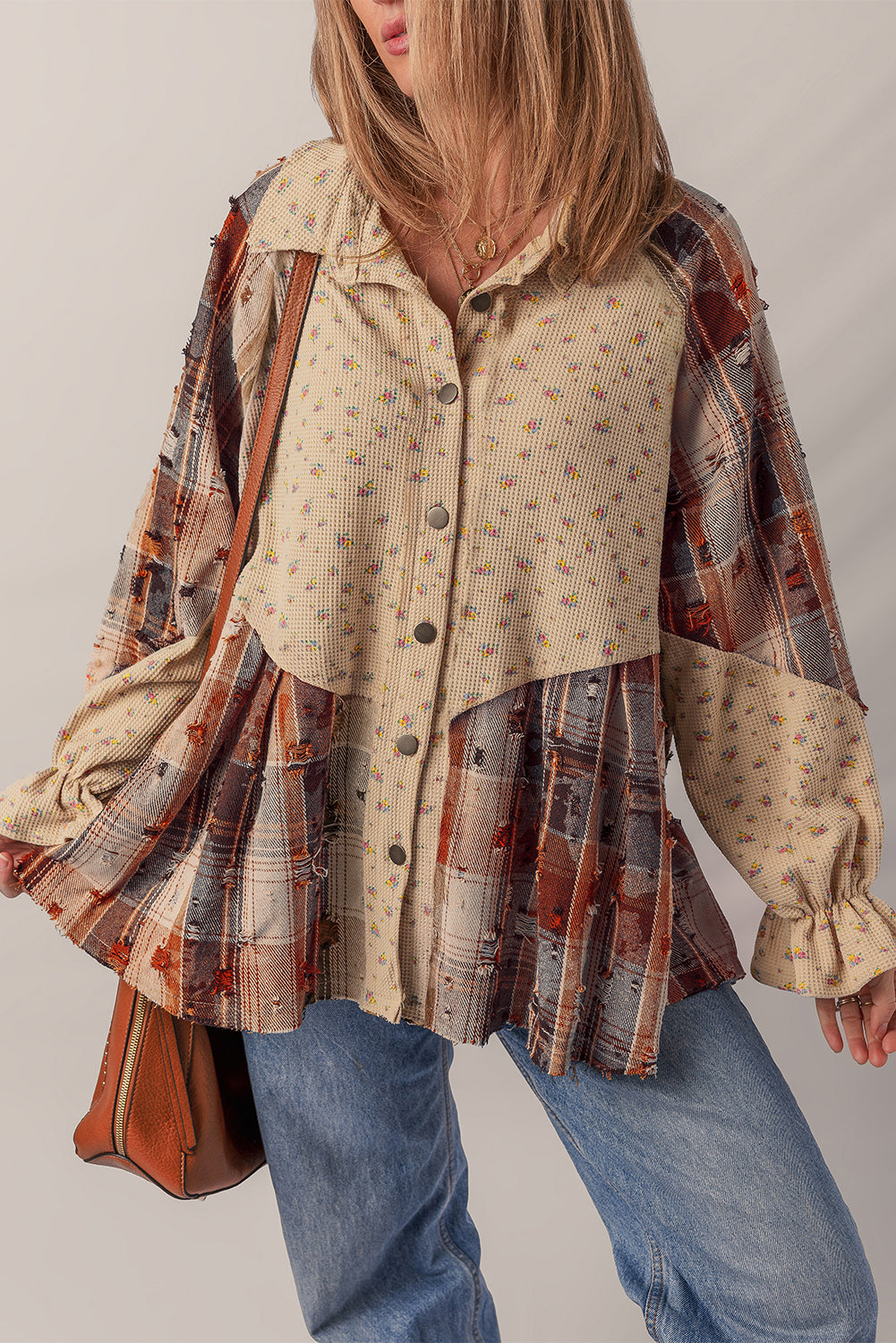 Shacket Boho Patchwork Carreaux et Fleurs à Manches Volantées