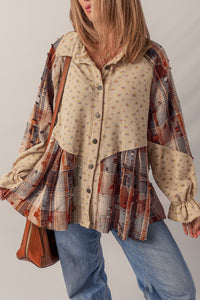 Shacket Boho Patchwork Carreaux et Fleurs à Manches Volantées