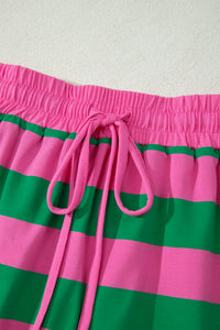 Short rayé rose et vert, taille élastique avec cordon noué