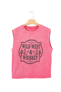 Débardeur femme rose sans manches, logo Wild West & Whiskey au centre