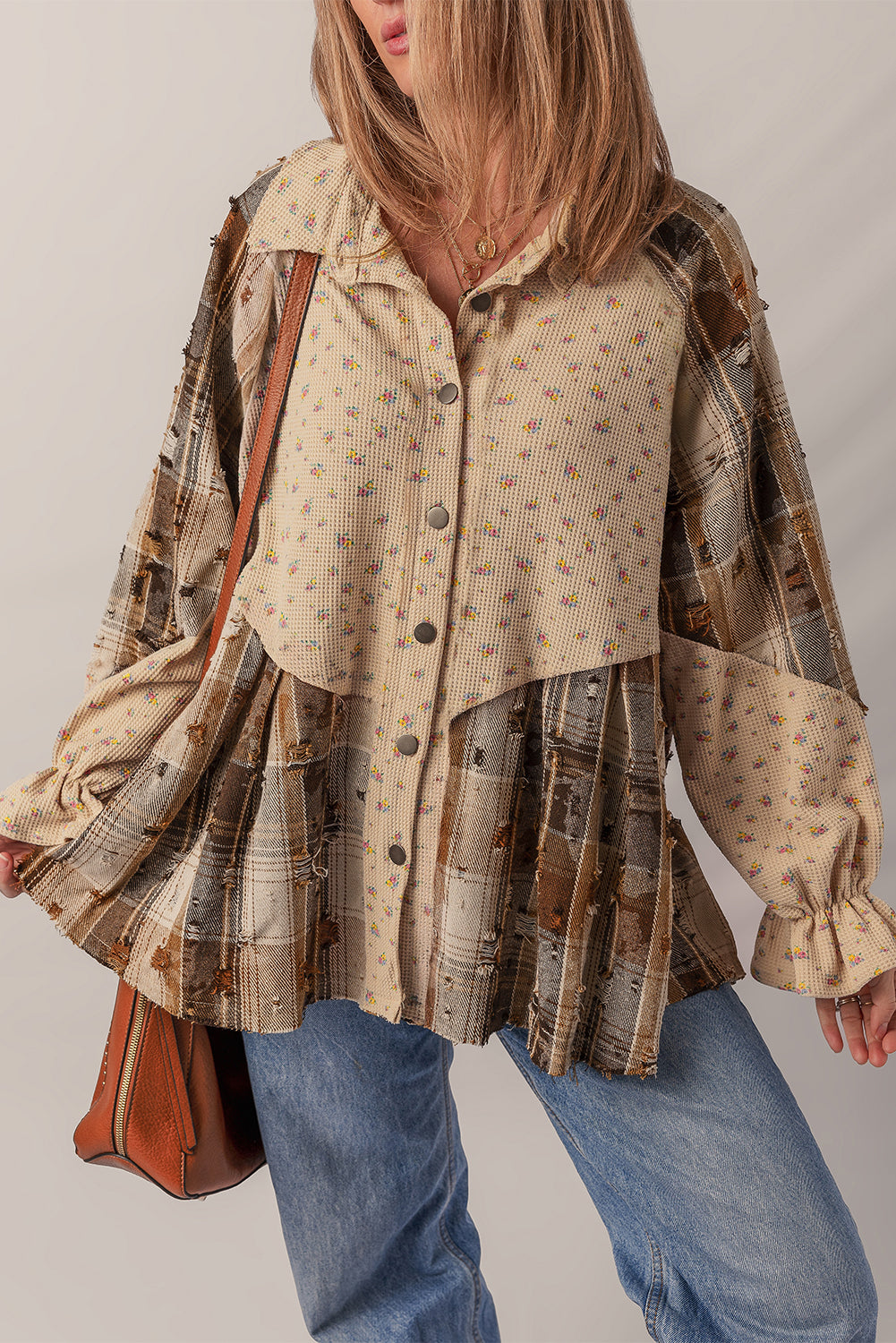 Shacket Boho Patchwork Carreaux et Fleurs à Manches Volantées