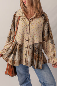 Shacket Boho Patchwork Carreaux et Fleurs à Manches Volantées